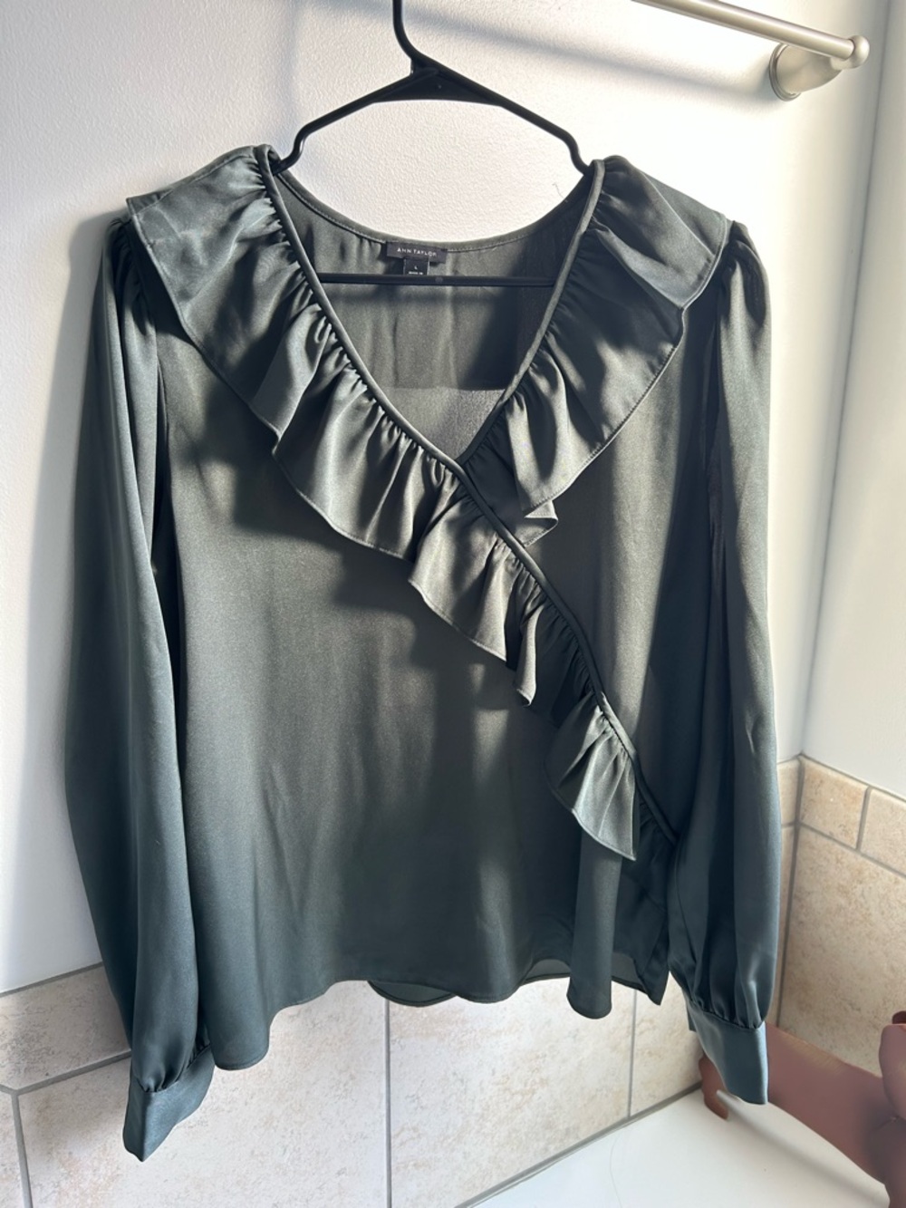 Ann Taylor Olive Green Ruffle Wrap-Front Blouse